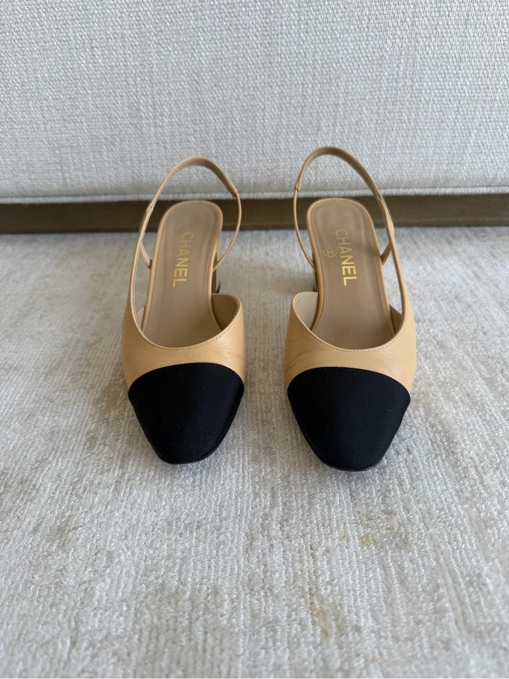 CHANEL Beige and Black Two-Tone Slingback Mules